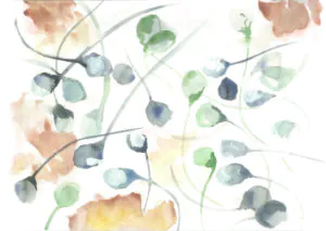 A soft watercolor design featuring abstract floral shapes in pastel hues of green, blue, and peach against a light background.