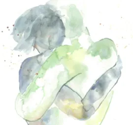 An abstract watercolor painting of two figures embracing, marked by soft colors and flowing lines, conveying a sense of intimacy and connection.
