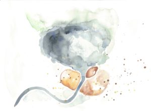 A watercolor painting featuring soft, abstract shapes in shades of gray, brown, and subtle green, creating a fluid, ethereal feel.