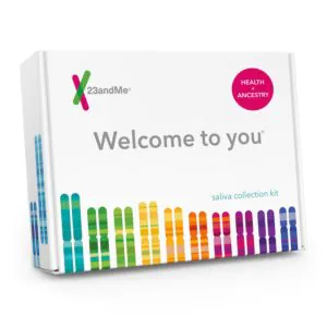 A saliva collection kit box from 23andMe, labeled 'Welcome to you' with colorful DNA strand illustrations.