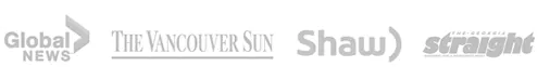 Logos of various media outlets including Global News, The Vancouver Sun, Shaw, and Straight on a white background.