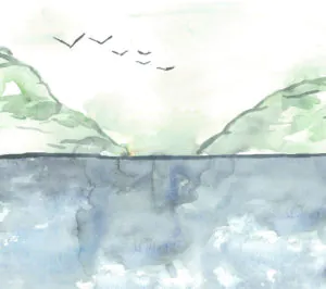 A serene watercolor landscape featuring gentle hills, a calm sea, and birds flying above against a cloudy sky.