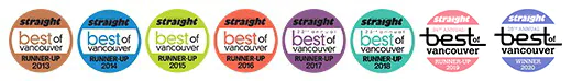 A series of seven colorful badges or stickers labeled 'Best of 2023' in various designs and colors.
