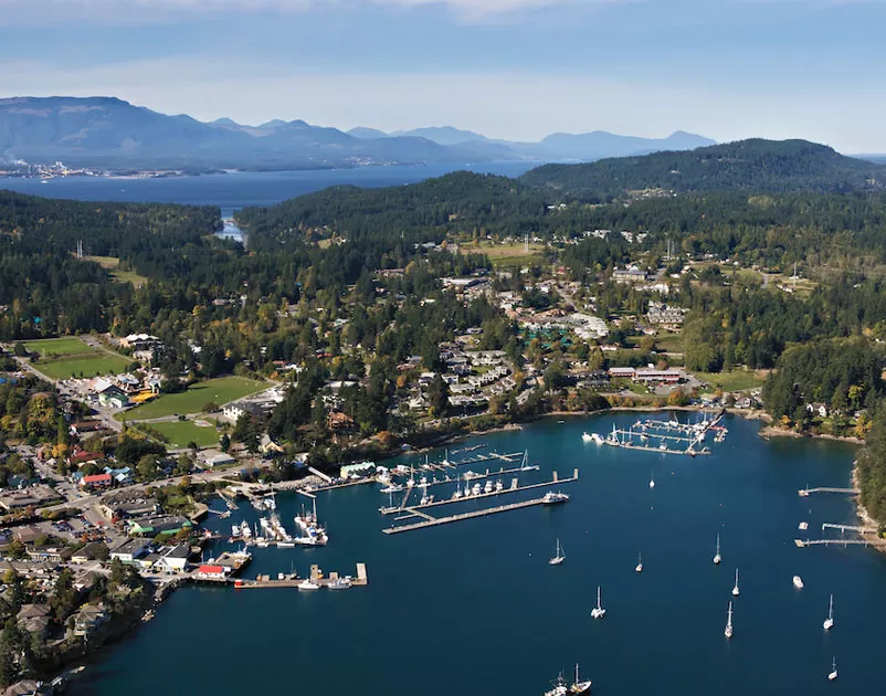 Picturesque Salt Spring Island with marinas, boats, green hills, and mountains in the background under a clear blue sky.