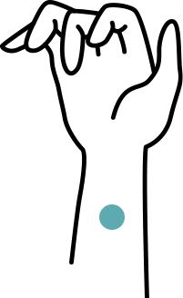 An outlined hand gesture with a small blue circle on the wrist, suggesting an action or point of interest.